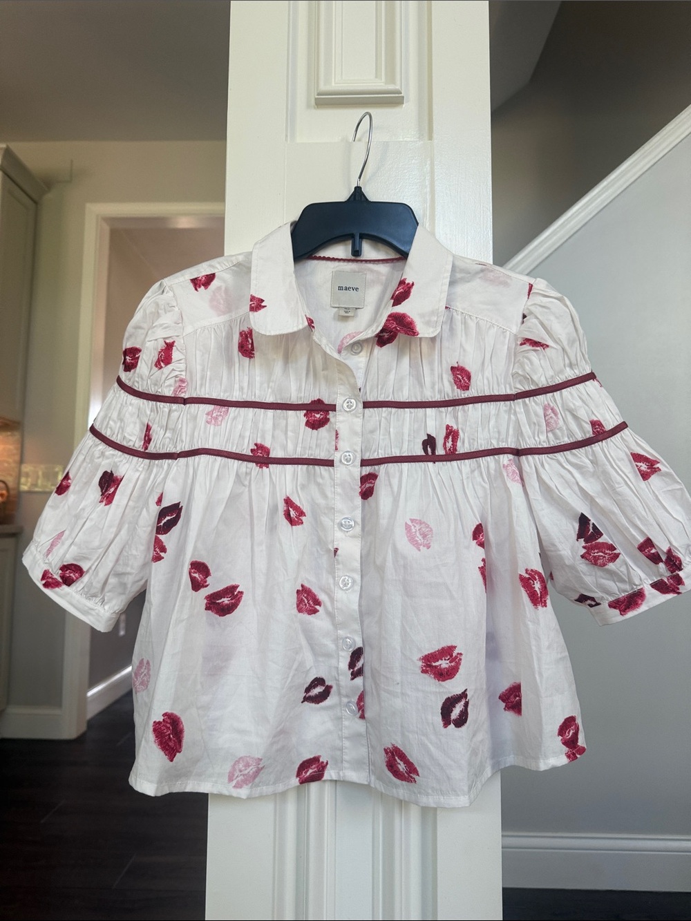 Anthropologie Maeve The Leandra Flocked Shirred Yoke Blouse MP - Picture 2 of 6